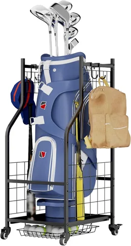 Vista 8 de ROOMTEC Organizador de almacenamiento de bolsas de golf, estante de almacenamiento de bolsas de golf para garaje, estante de almacenamiento