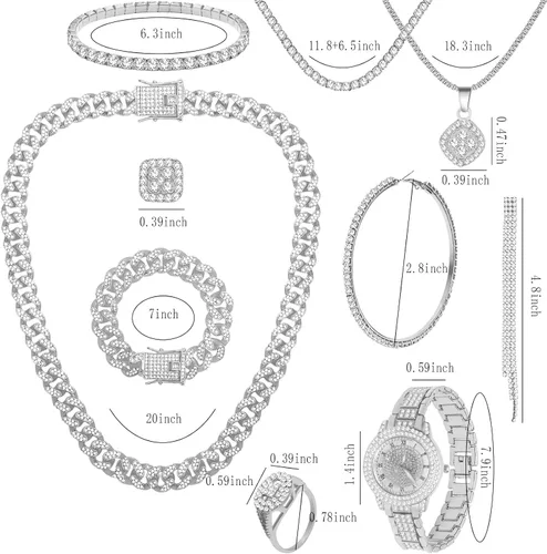 Vista 2 de NEWITIN 13 Pcs Silver Jewelry Set for Women Bling Diamond Cuban Jewelry Set Conjunto de joyas de plata