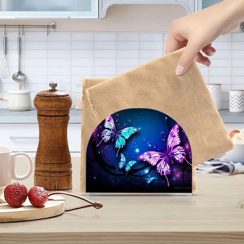 Vista 6 de Servilleteros de mariposa púrpura para mesas, servilleteros de acrílico transparente para servilleteros de cóctel para cocina, restaurante, bar