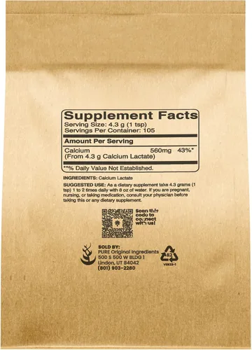 Vista 2 de Pure Original Ingredients Lactato de calcio (1 lb) Suplemento de calcio, electrolito, sin OMG