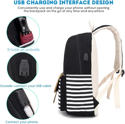 Vista 3 de Mochila escolar para adolescentes y mujeres, lindo juego de mochila universitaria de lona a rayas con bolsa de almuerzo, bolsa para lápices
