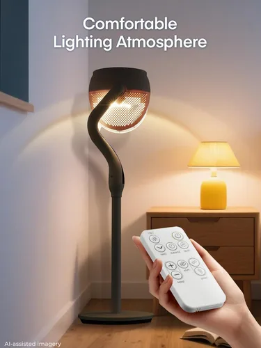 Vista 5 de FOHERE Ventilador de suelo, ventilador de pedestal oscilante de 120°, ventilador inteligente silencioso con luz LED, altura ajustable de 27-46