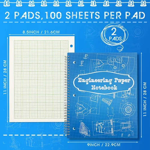 Vista 2 de Colarr Engineering Computation Pad 8.5" x 11" Engineering Wirebound Spiral Notebook Grid Pad 5 Squares Per Inch Graph Paper for Drafting Drawing