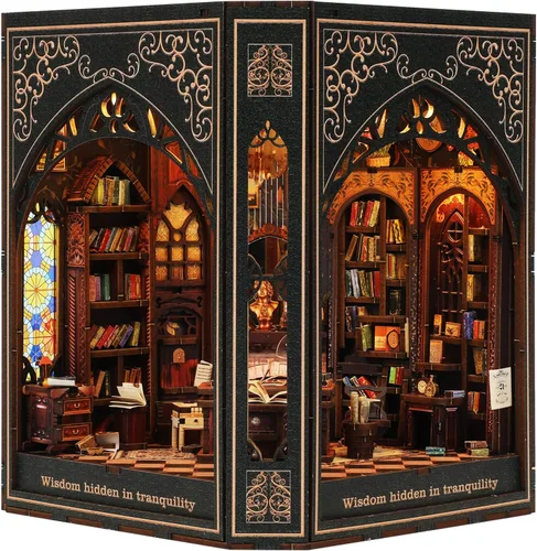Vista 2 de NookMaster Kit de rincón de libros con luz LED DIY casa de muñecas en Kits de rincón de libros para adultos, tema de biblioteca, 377 piezas, LED