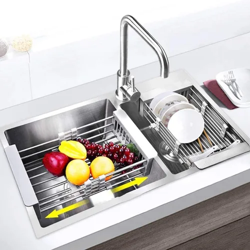 Vista 5 de LUEXBOX Escurridor extensible para secar platos sobre el fregadero, cesta escurridor de acero inoxidable con brazos ajustables para verduras y Gris