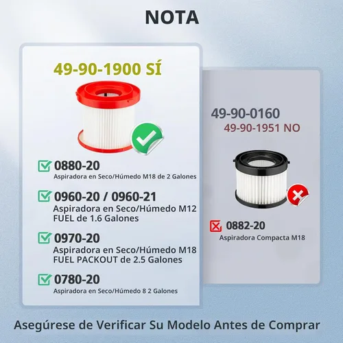 Vista 3 de Paquete de 2 filtros de vacío húmedo y seco 49-90-1900 para aspiradora