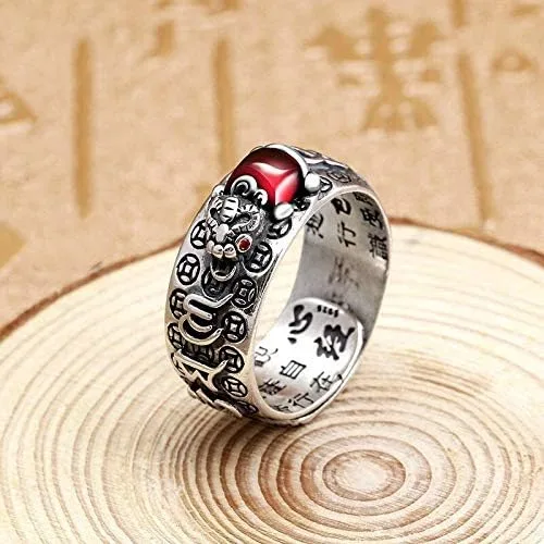 Vista 3 de Anillo vintage de plata Feng Shui Pixiu para mujeres y hombres, grabado de textos budistas, alivio máximo, dragón, sapo, pixiu, cameo, riqueza