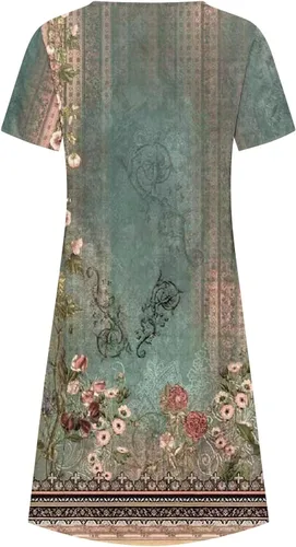 Vista 4 de Vestido casual con estampado floral para mujer, vestido de verano con cuello redondo, manga corta, plisado, vestido midi para fiesta en la playa