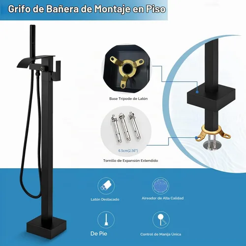 Vista 8 de RUMOSE Grifo Llenador de Bañera Independiente Grifo de Bañera Negro Mate Montaje en Piso Grifo de Bañera Cascada Independiente Llenador de Bañera