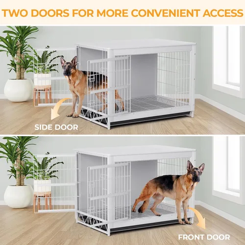 Vista 3 de TLSUNNY Muebles de jaula para perros, mesa auxiliar auxiliar de madera de 44.1 pulgadas, moderna perrera con puertas dobles, jaula resistente