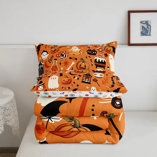 Vista 5 de Erosebridal Ropa de cama de Halloween para niños y niñas, juego de edredón espeluznante de dibujos animados, tamaño individual, relleno de edredón