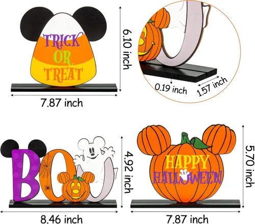 Vista 2 de 3 centros de mesa de madera de ratón de Halloween, decoración de mesa con letrero de truco o trato, centro de mesa de letrero Boo para Halloween