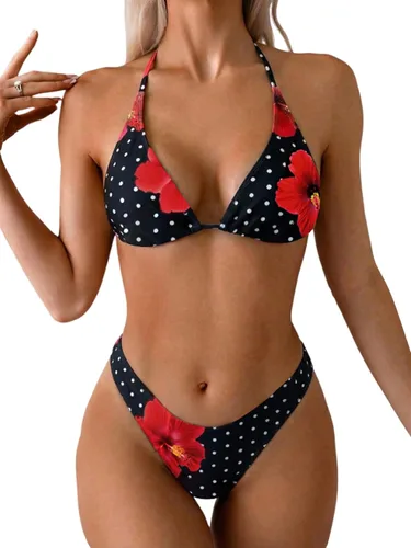 Vista 12 de WDIRARA Conjunto de bikini de lunares para mujer, traje de baño de triángulo halter de 2 piezas