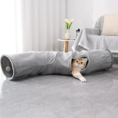 Vista 7 de Túnel para gatos, juguete para gatos de interior, juguete para gatos con pista de rodillos, tubo de juego plegable en forma de S, casa laberinto