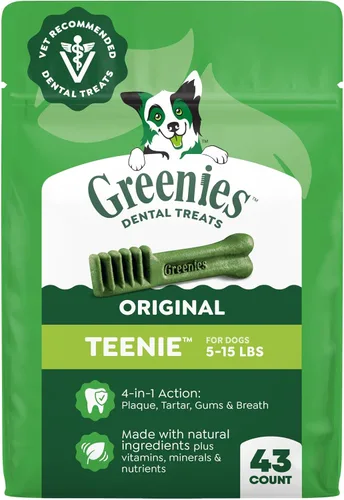 Vista 15 de Golosinas dentales para perros recomendadas por veterinarios, tamaño Teenie, sabor original, Greenies, 3 onzas, paquete de 11