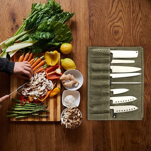 Vista 7 de Bolsa enrollable para cuchillos de chef, 9 bolsillos, funda de lona para cuchillos, cartera para cuchillos, protectores para cuchillos de chef