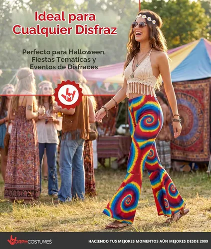 Vista 7 de Disfraz para mujer de los años 70 de las décadas de los años 70 Hippie acampanadas de discoteca arcoíris