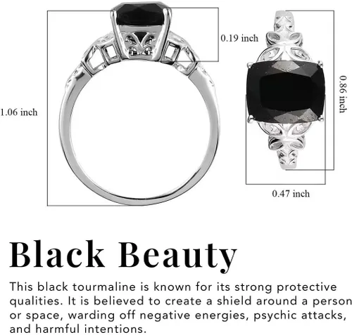 Vista 3 de Black Tourmaline Ring in 925 Sterling Silver - October Birthstone Rings for Women - Engagement Promise Floral Statement Vintage Solitaire Tourmaline