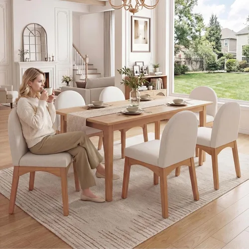 Vista 10 de HNY Juego de 2 sillas de comedor modernas de mediados de siglo, sillas de comedor tapizadas de tela de lino, sillas de cocina sin brazos con patas