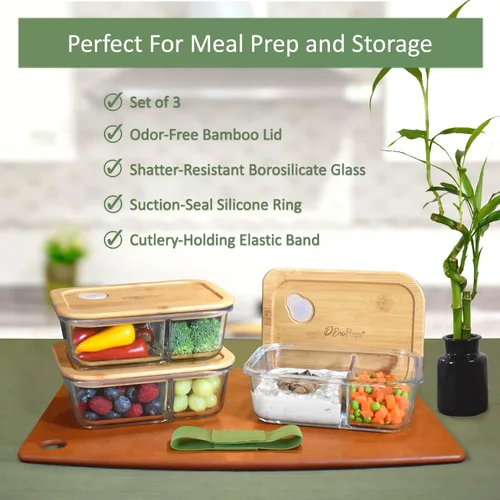 Vista 3 de EcoPreps Contenedores de vidrio para preparación de comidas con tapas de bambú, juego de recipientes de vidrio de 2 compartimentos (paquete de 3)