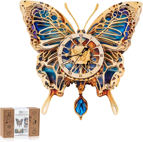 Vista 9 de Rompecabezas de madera 3D para adultos, rompecabezas 3D reloj bulldog (con péndulo) 32 piezas, rompecabezas de madera para principiantes