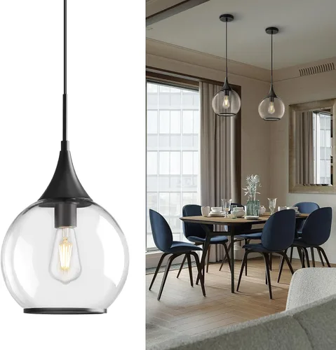 Vista 14 de Luces Colgantes para Isla de Cocina: Lámpara de Estilo Granja Dorada Cepillada con Vidrio Transparente - Globo de Mediados de Siglo de 10 Pulgadas