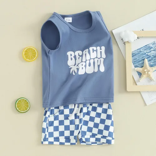 Vista 21 de Ropa de bebé niño sin mangas + pantalones cortos con estampado a rayas con bolsillos, 2 piezas de trajes de verano