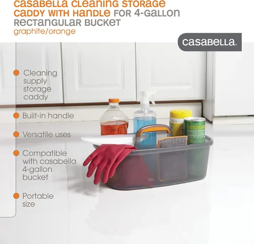 Vista 3 de Casabella Organizador de almacenamiento de limpieza multiusos de plástico con asa, 1.85 galones, cubo de limpieza rectangular gris y naranja