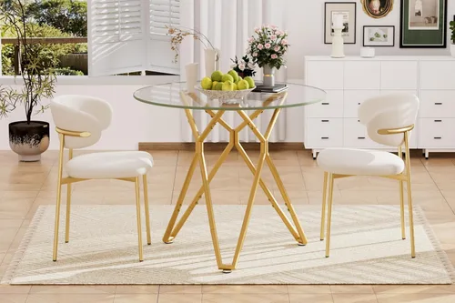 Vista 9 de Mesa de comedor redonda de 35.4 pulgadas para 4, moderna mesa de cocina de vidrio transparente para 4 personas con patas de metal dorado, mesas