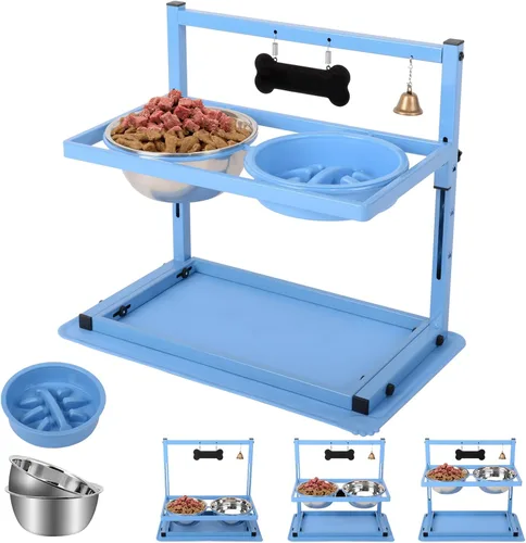 Vista 9 de Soporte elevado para perros medianos y grandes con comedero lento y tapete, altura ajustable de 3.9, 5.5, 7.1, 8.7, 10.2, 11.8 pulgadas, comederos