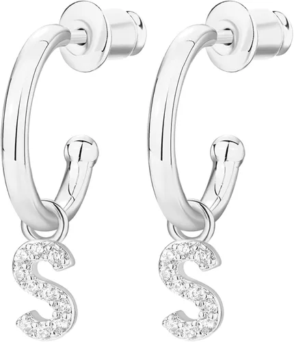 Vista 3 de PAVOI 14K Gold Plated 925 Sterling Silver Post Huggie Earring With Initial Dangle CZ Initial Huggie Hoop Earrings Womens Cubic Zirconia Dangle