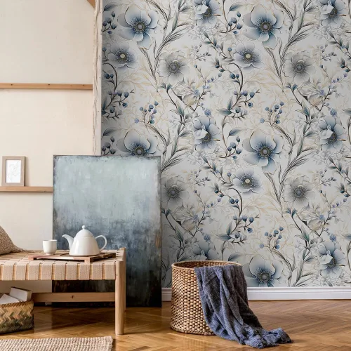 Vista 2 de Papel Pintado Floral Plateado Gris/Azul/Blanco Flores de Amapola de Despegar y Pegar Papel de Contacto Fácil de Despegar Papel Adhesivo para Pegar