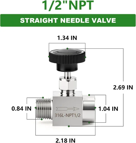Vista 2 de TAISHER Válvula de aguja de acero inoxidable 316 con mango de rueda 1/2 "NPT macho x 1/2" NPT hembra