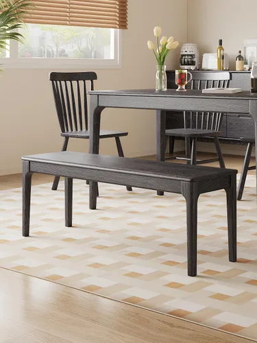 Vista 7 de Banco de comedor, banco de madera de roble macizo, mesa de comedor para interiores, hogar, dormitorio, extremo de cama, restaurante, muebles Negro