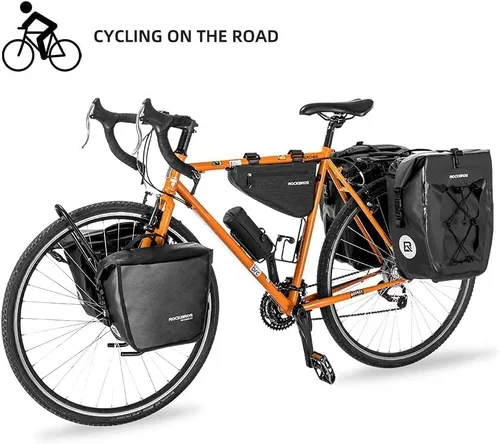 Vista 7 de ROCKBROS Bolsa de alforjas delanteras enrollables Bolsa de rack frontal para bicicleta Paquete de estante resistente con asa de transporte y correa