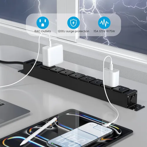 Vista 4 de HHSOET Regleta de alimentación de metal con montaje giratorio de 360°, tira de alimentación montada en mesa para juegos con 8 tomas, protector