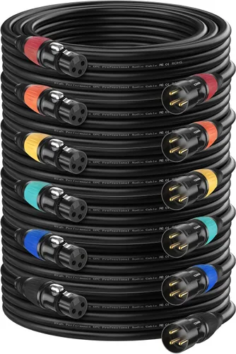 Vista 10 de Cable DMX de 10 pies, paquete de 6, cables flexibles XLR chapados en oro de 3 pines Hombre a hembra, compatible con micrófono, luz de escenario