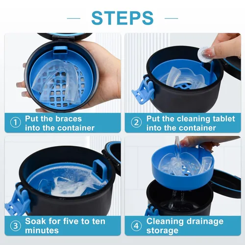 Vista 4 de BVN Taza de baño de dentadura a prueba de fugas para viajes, taza de dentadura para remojar dentaduras, estuche de limpieza retenedor con colador