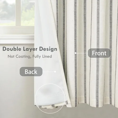 Vista 3 de DriftAway, cortinas de mezcla de lino estilo granja 100% opacas de 63 pulgadas de largo para dormitorio, cortinas de lino con rayas verticales