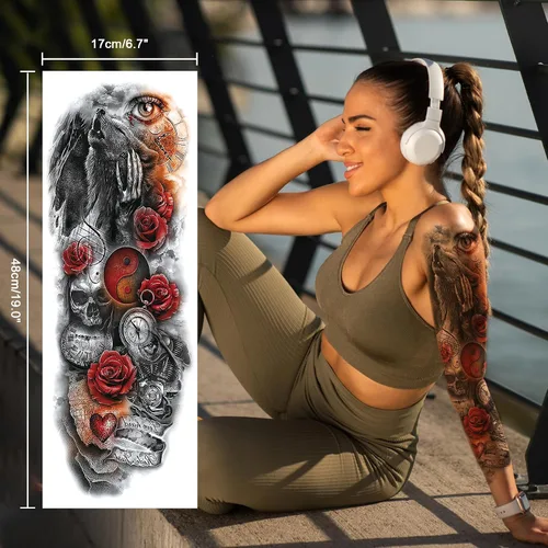 Vista 4 de Tatuaje temporal de brazo completo de Halloween para hombres y mujeres, 12 hojas de tatuajes temporales de manga de esqueleto de calavera, tatuajes