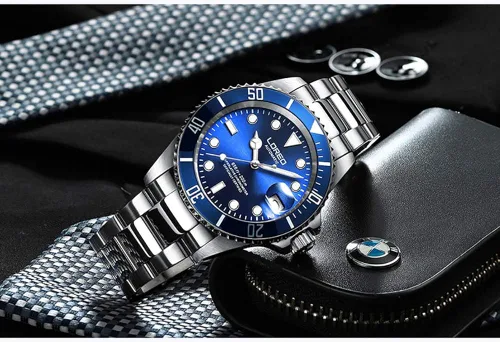 Vista 5 de LOREO Reloj automático para hombre de acero inoxidable plateado con bisel giratorio negro
