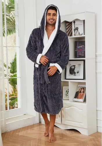Vista 5 de Vulcanodon Bata para hombre con capucha, bata de felpa de longitud completa para hombre, bata de baño de forro polar grueso