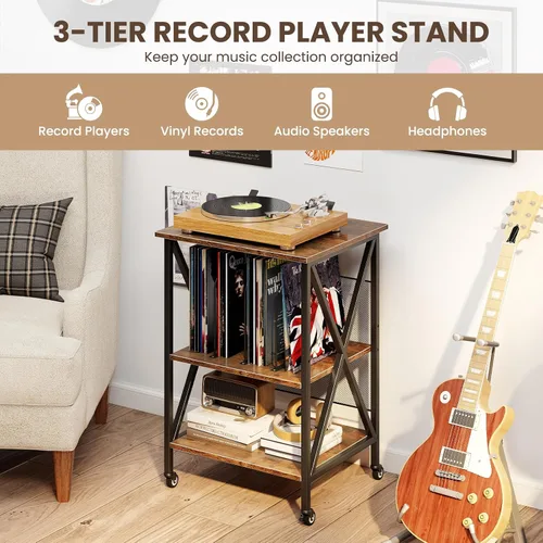 Vista 8 de Giantex Soporte para tocadiscos con estación de carga, soporte para tocadiscos con almacenamiento de discos y 4 ruedas rodantes, mesa