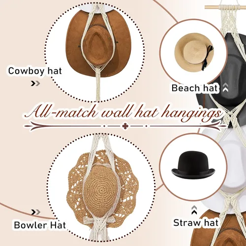 Vista 4 de Organizador de sombreros bohemio para colgar en la pared, ganchos de madera para colgar en la pared, para colgar en la pared, para colgar sombreros