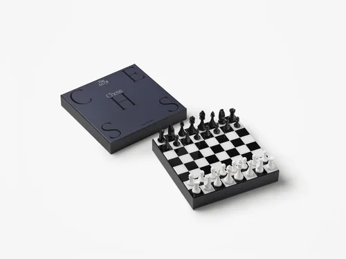 Vista 3 de PrintWorks Art of Chess – Juego de ajedrez de madera en blanco y negro con tablero acrílico – Elegante juego de mesa de café para adultos y familias