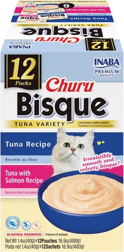 Vista 9 de INABA Churu Bisque para gatos mayores de 10 años, Puré cremoso en sobre, 1.4 onzas por sobre, 12 sobres en total, Receta de atún con salmón