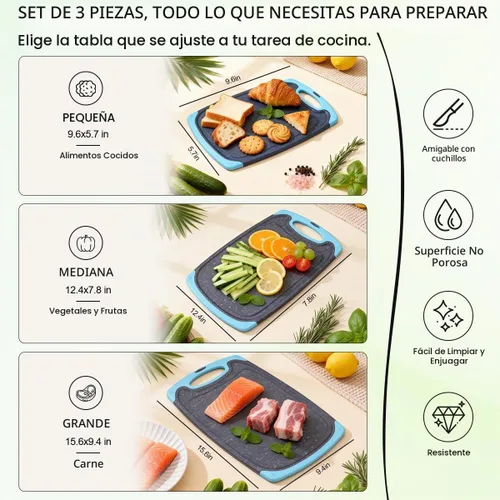 Vista 3 de Tabla de cortar de plástico, 3 tablas de cortar aptas para lavavajillas con ranuras para jugo, mango de fácil agarre, antideslizante, con área