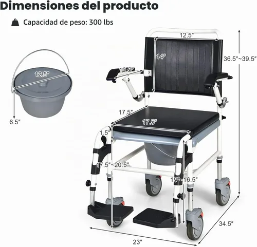 Vista 8 de Giantex Silla de ruedas 4 en 1 para inodoro con brazos, 4 ruedas bloqueables, cubo desmontable, altura ajustable y reposapiés abatible, silla