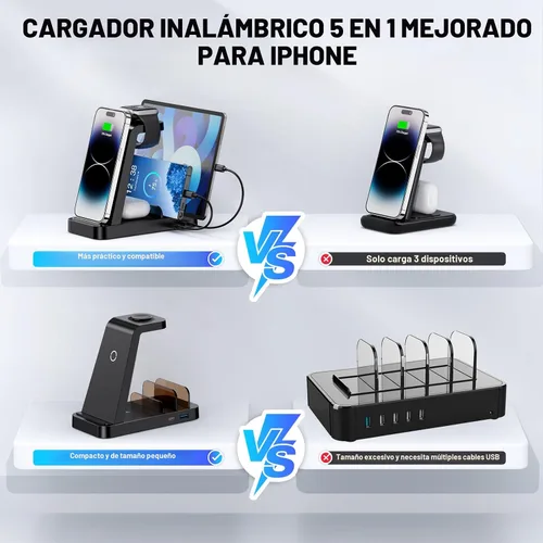 Vista 2 de Cargador inalámbrico para iPhone - Estación de carga 5 en 1 para múltiples dispositivos Apple: Soporte de carga rápida inalámbrica para iPhone 17