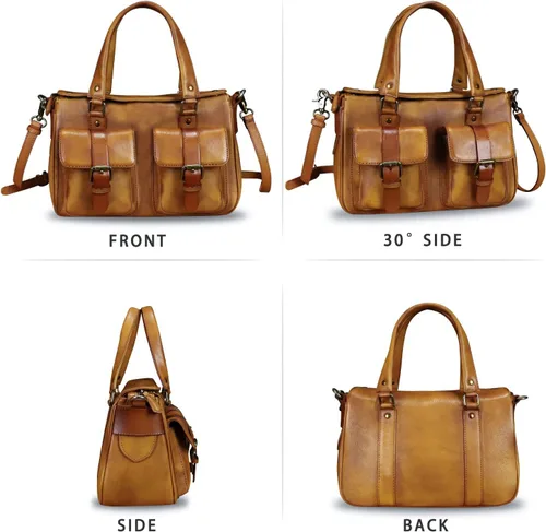 Vista 5 de Bolso de cuero genuino para mujer, estilo retro, hecho a mano, con asa superior, bolso de hombro, bolso cruzado de diseñador